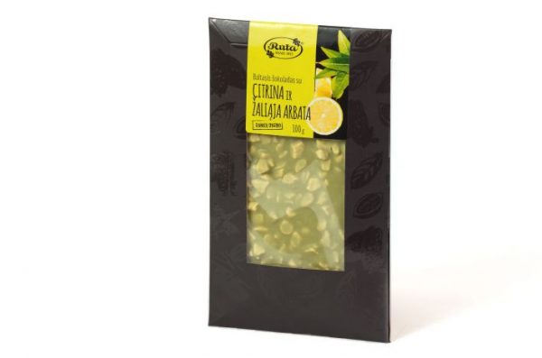 Baltasis šokoladas su citrina ir žaliąja arbata, 100 g.