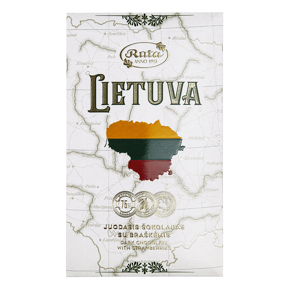 Rūta juodasis šokoladas 75 % su braškėmis „Lietuva“, 90 g