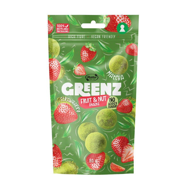 Rūta Vaisių ir riešutų užkandžiai su Matcha ir braškėmis GREENZ MATCHA & STRAWBERRY, 80 g