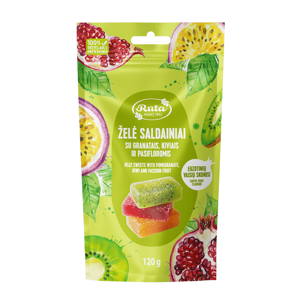 Rūta žėlė saldainiai su granatais, kiviais ir pasifloromis 120g